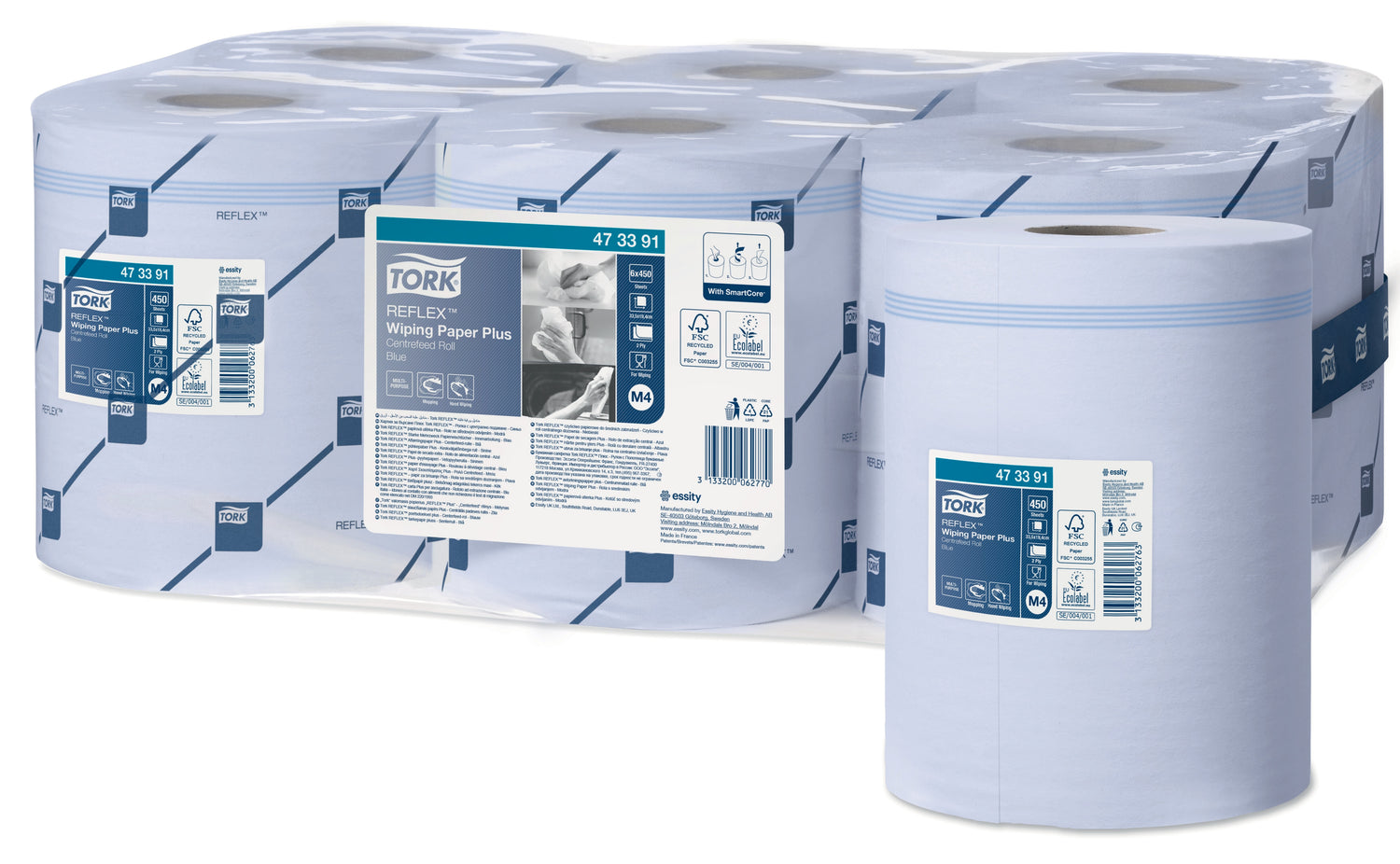 BOBINE DEVIDAGE CENTRAL TORK REFLEX M4 BLEU 450 FORMATS 2 PLIS 19,4X33,5CM ECOLABEL X6