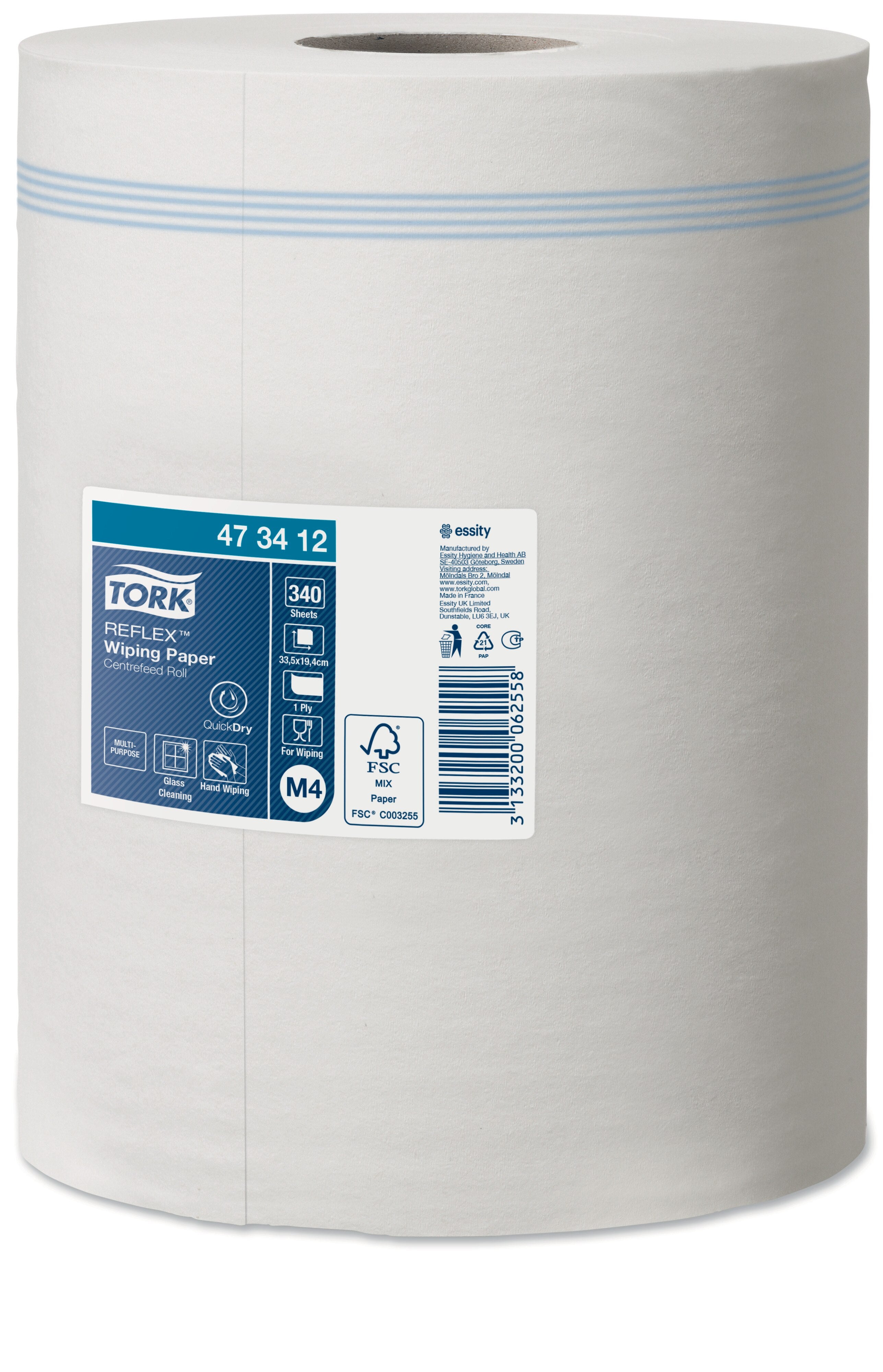 BOBINE DEVIDAGE CENTRAL TORK REFLEX M4 BLANC 340 FORMATS 1PLI 19,4X33,5CM ECOLABEL X6