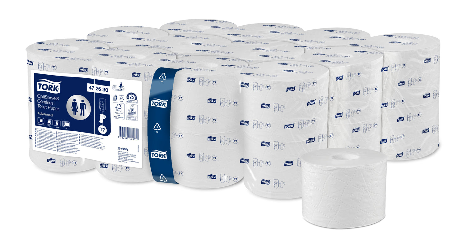 PAPIER TOILETTE PETIT ROULEAU TORK® T7  ADVANCED BLANC SANS MANDRIN 820 FORMATS 2 PLIS ECOLABEL X24