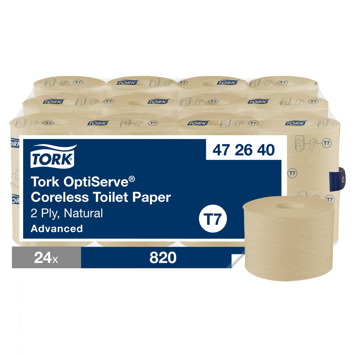 PAPIER TOILETTE PETIT ROULEAU TORK® T7  ADVANCED NATUREL SANS MANDRIN 820 FORMATS 2 PLIS ECOLABEL X24