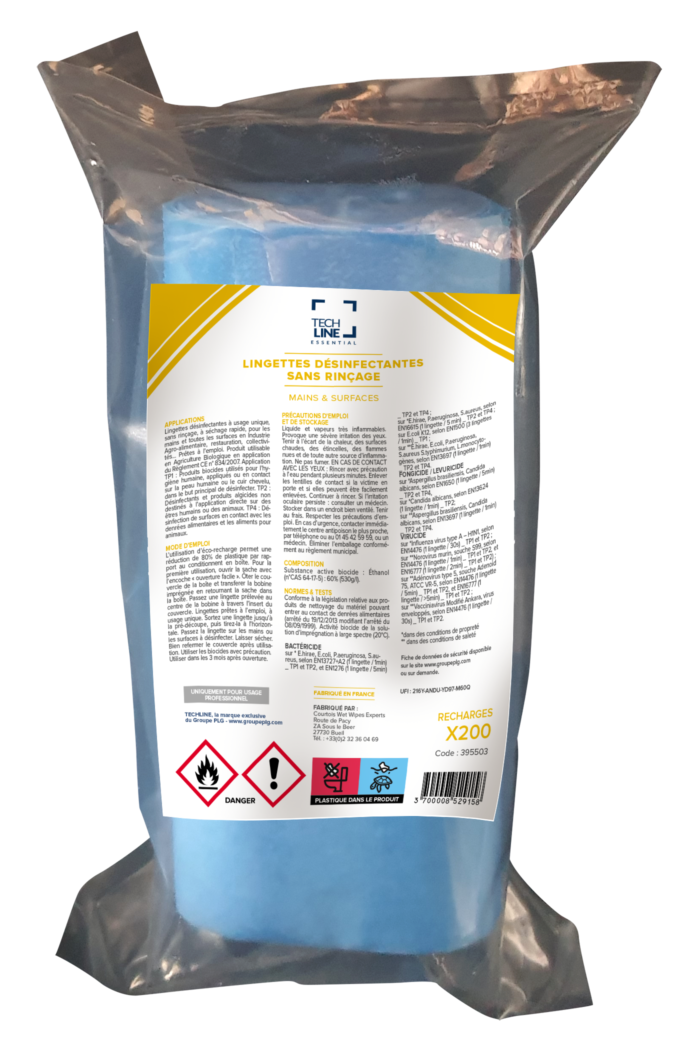 LINGETTES DESINFECTANTES SURFACES ALIMENTAIRES TECHLINE RECHARGE 9X200