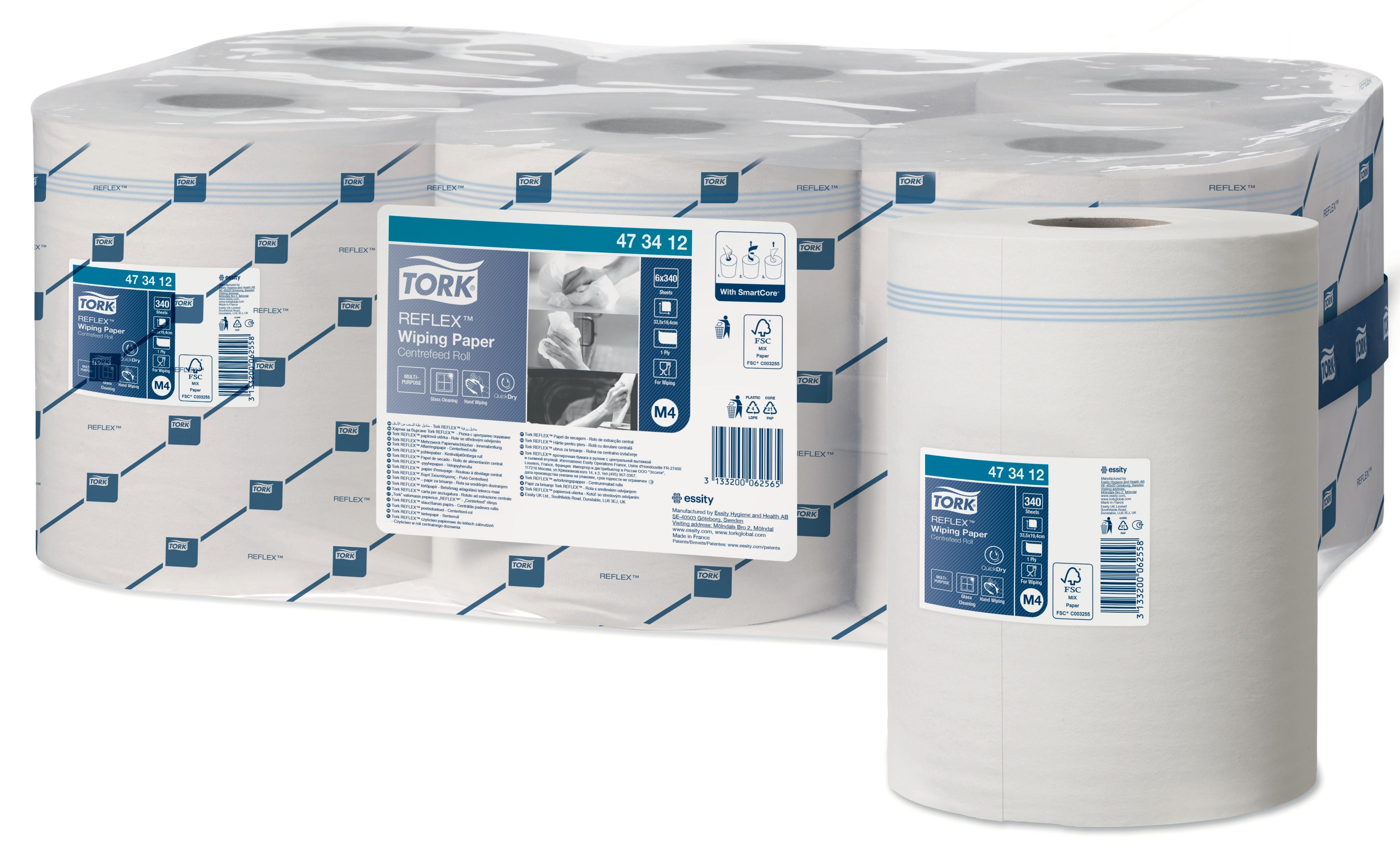 BOBINE DEVIDAGE CENTRAL TORK REFLEX M4 BLANC 340 FORMATS 1PLI 19,4X33,5CM ECOLABEL X6