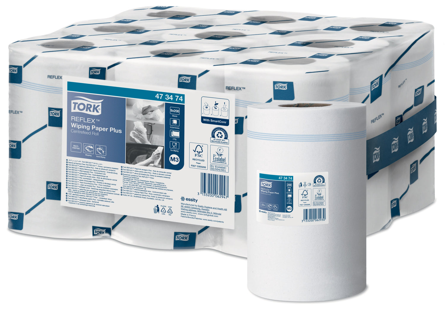 BOBINE DEVIDAGE CENTRAL TORK REFLEX M3 BLANC 200 FORMATS 2 PLIS 19,4X33,5CM ECOLABEL X9