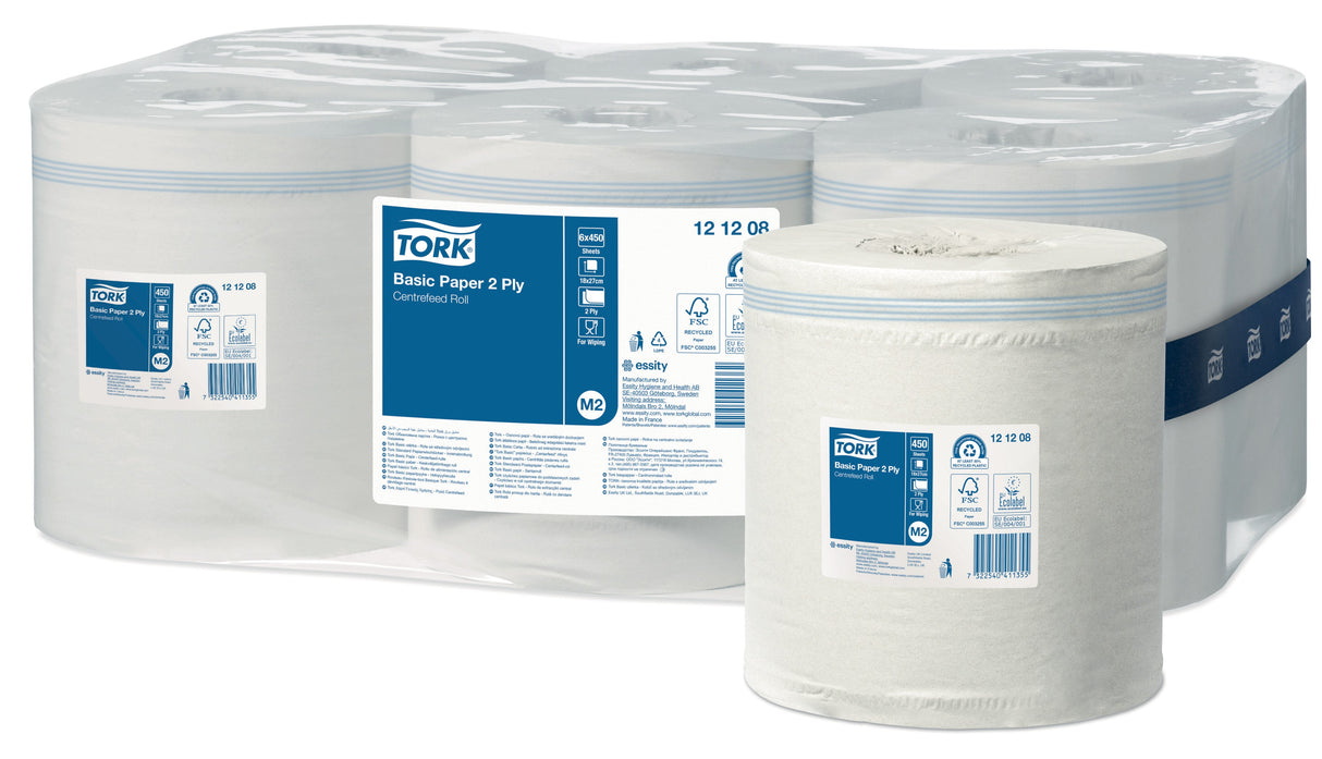 BOBINE DEVIDAGE CENTRAL TORK M2 BLANC 450 FORMATS 2 PLIS 18X30CM ECOLABEL X6