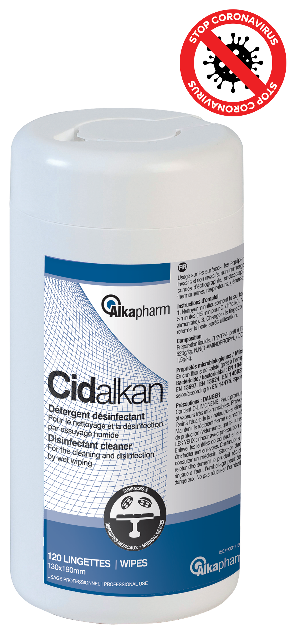 LINGETTES NETTOYANTES DESINFECTANTES SURFACES-DM CIDALKAN X120