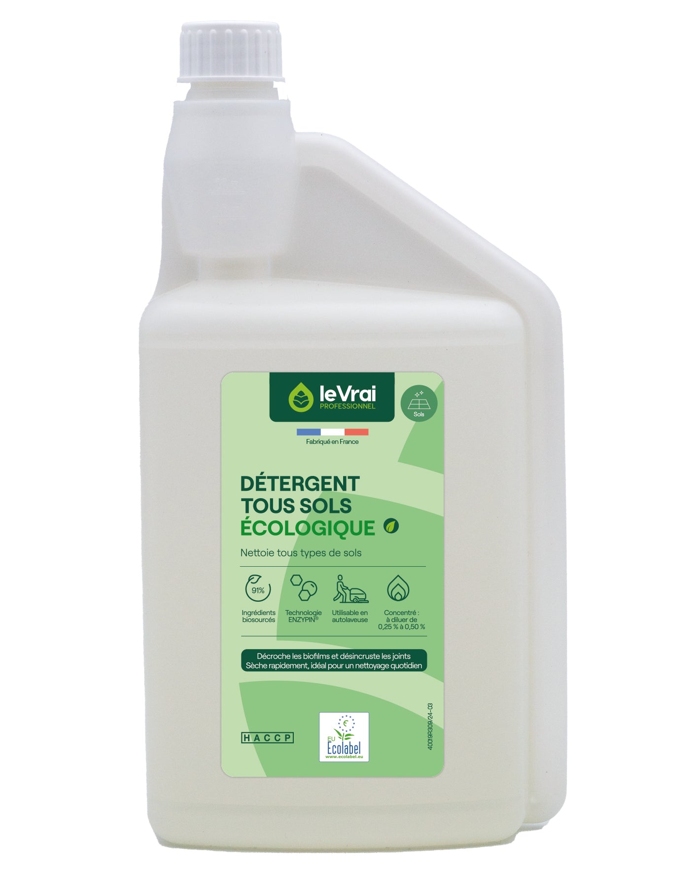 DETERGENT SOLS ET MULTI SURFACES CONCENTRE ECOLABEL LE VRAI PROFESSIONNEL 1L DOSEUR