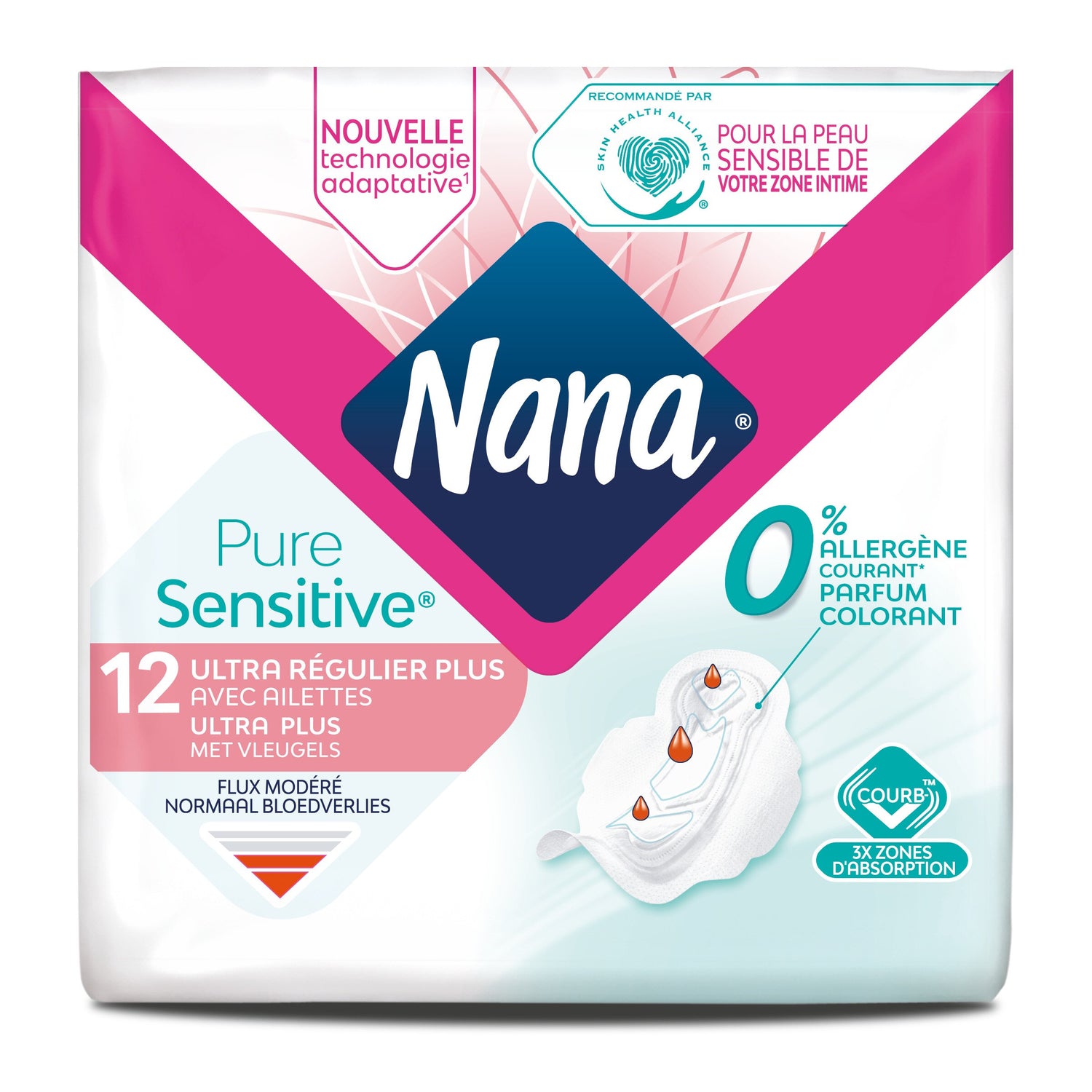 SERVIETTES HYGIÉNIQUES NANA ULTRA RÉGULIER PLUS PURE SENSITIVE™ X12