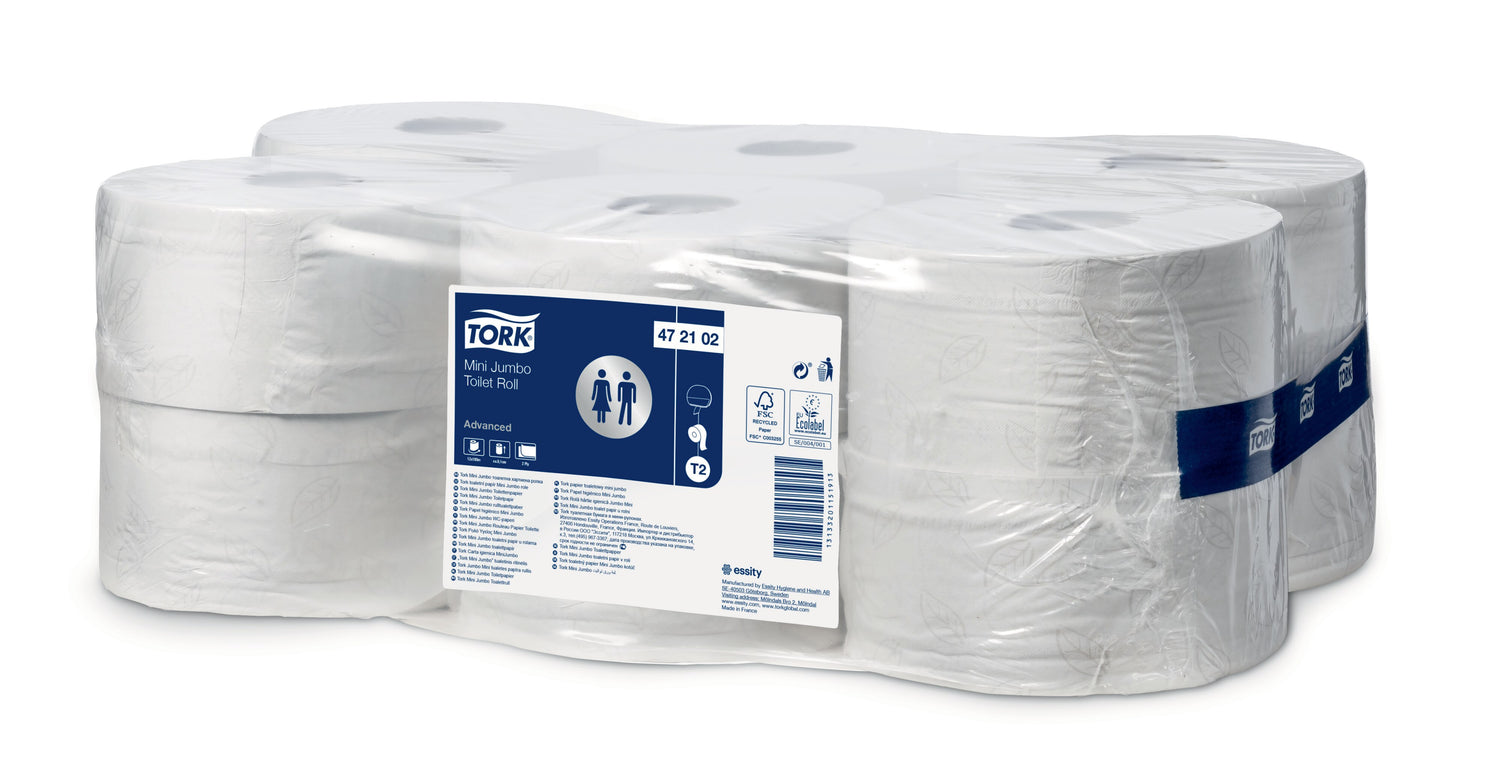 PAPIER TOILETTE MINI JUMBO TORK® ADVANCED T2 BLANC 180M 2 PLIS ECOLABEL X12